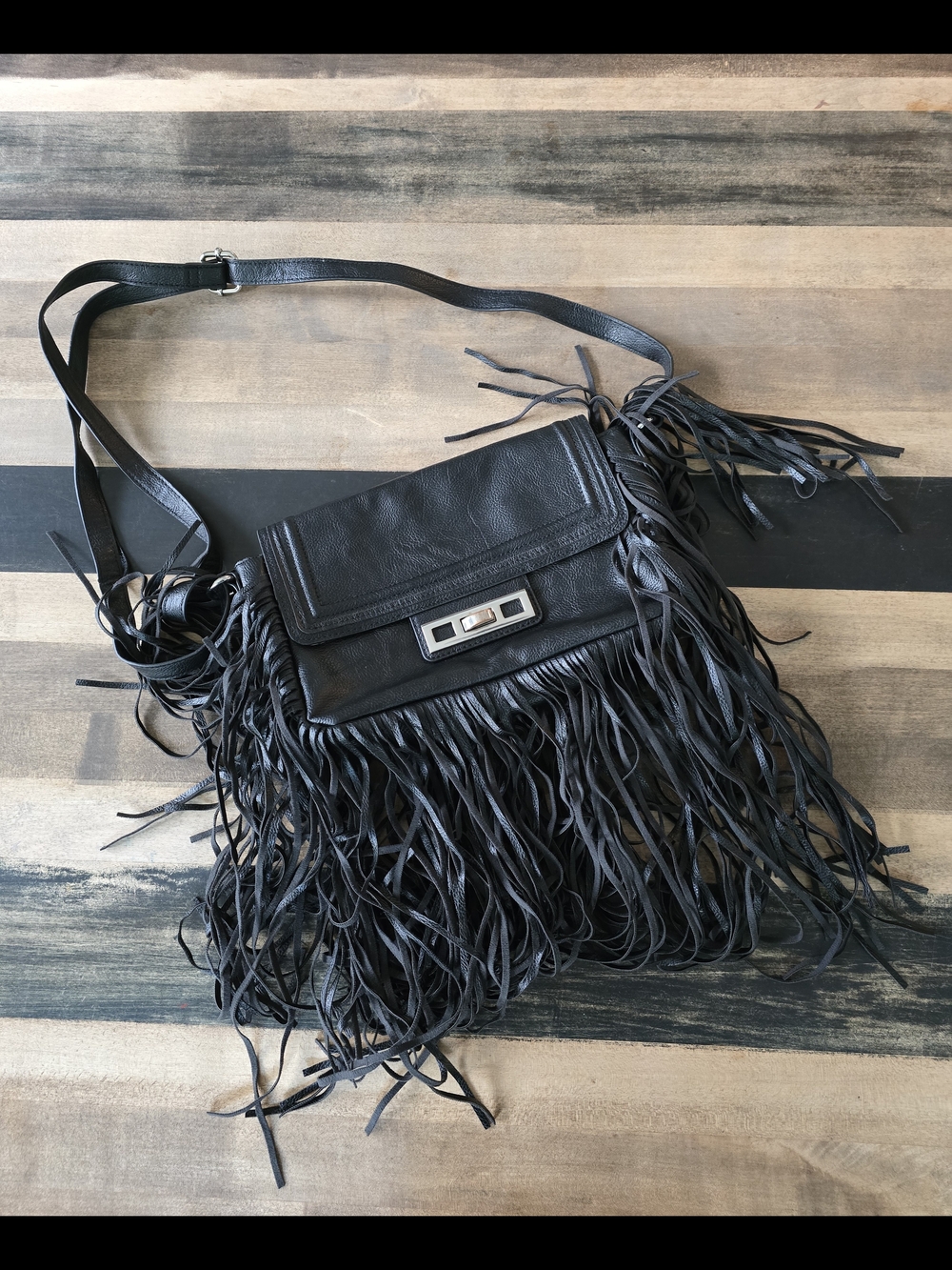 Steve Madden Black Fringe Leather Crossbody Bag with Turn-Lock